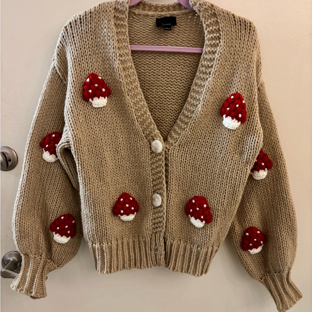 Lumiere Tan and Red Mushroom Cardigan Sweater